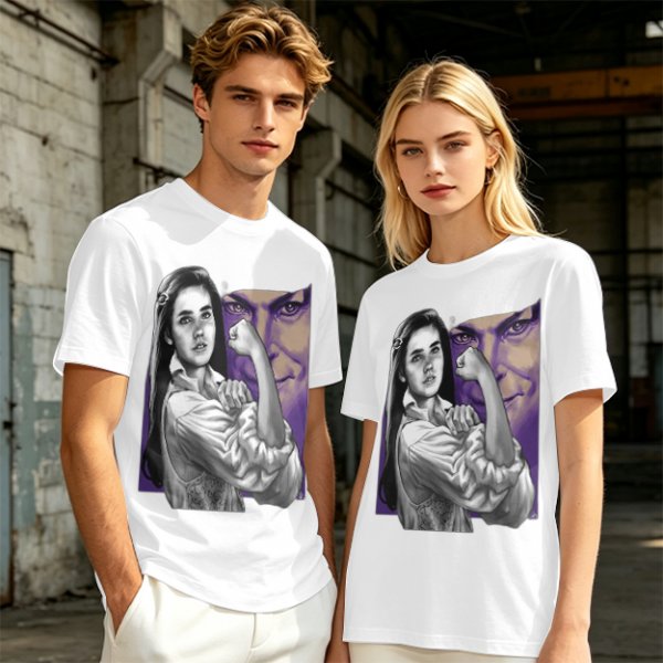 Olive T-shirt with vintage woman flexing arm graphic print