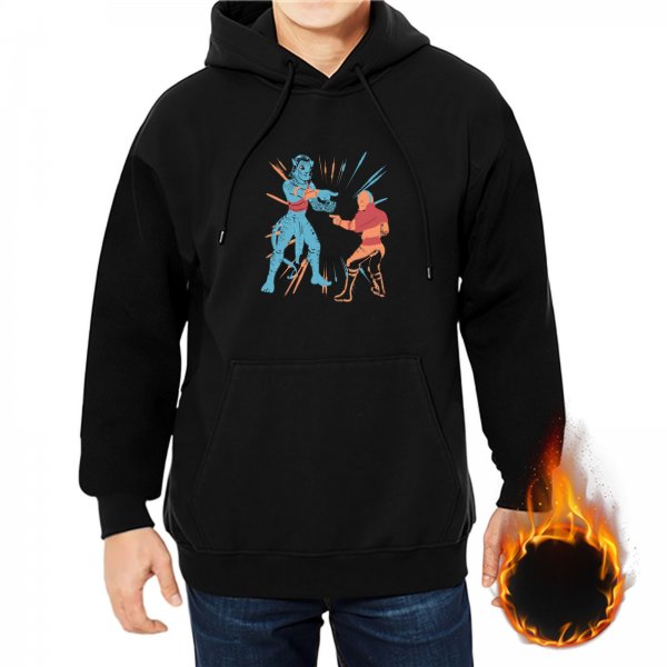 Black hoodie with retro fighting game character graphic print