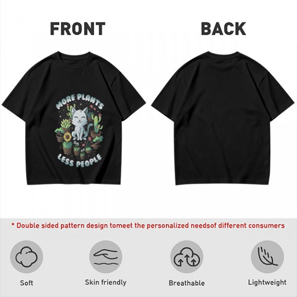 Olive T-shirt with 'More Plants Less People' Cat and Succulent Print