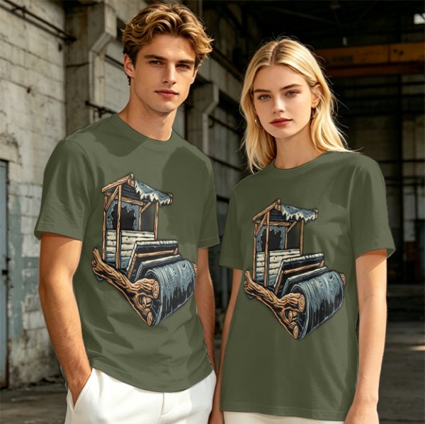 Olive T-Shirt With Rustic Wooden Cart Print