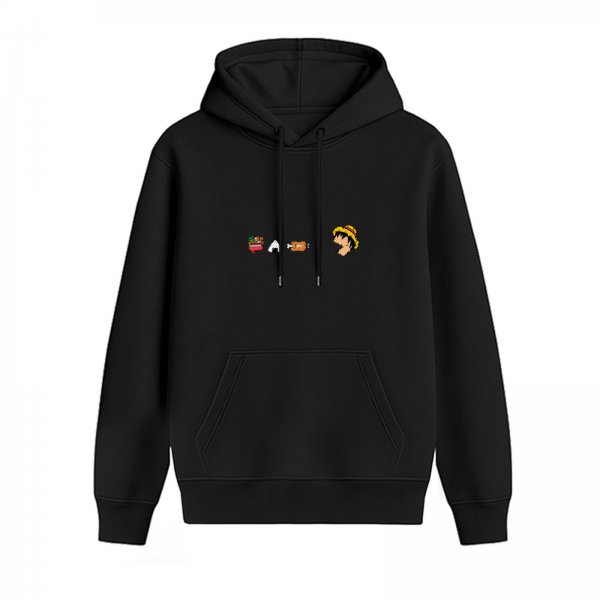 Black hoodie with One Piece Luffy eating food graphic