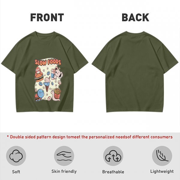 Olive green graphic t-shirt with slow foods animal fast food mashup print