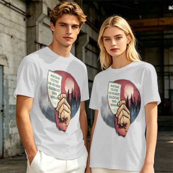 Olive T-Shirt With Hand Holding Bill Of Monthly Expenses Art