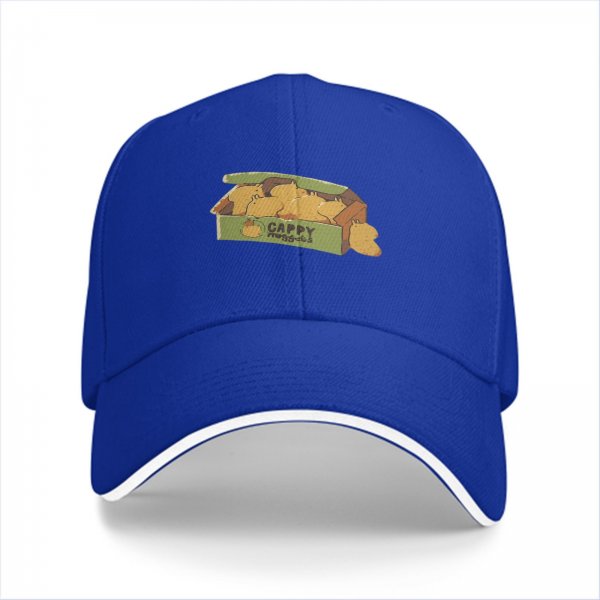 Black baseball cap with capybara snack box graphic