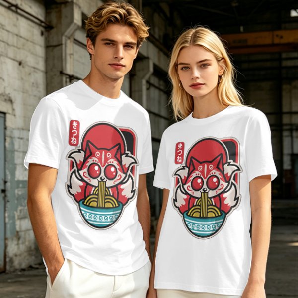 Olive t-shirt with cute kitsune fox eating ramen graphic