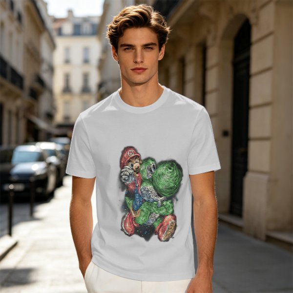 Olive T-shirt with Mario and Yoshi artistic graphic print