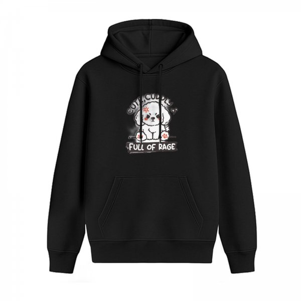 Black hoodie with angry fluffy dog graphic that says full of rage