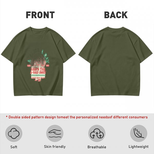 Olive graphic t-shirt with funny cat and 'keeps the a-sad away' text