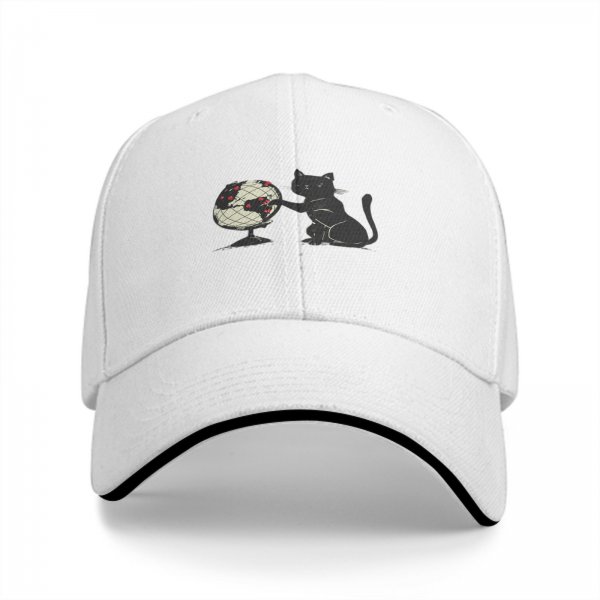 Black Baseball Cap With Cat Touching Globe Print