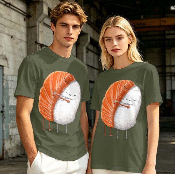 Olive T-shirt with Cute Hugging Salmon Sushi and Rice Print