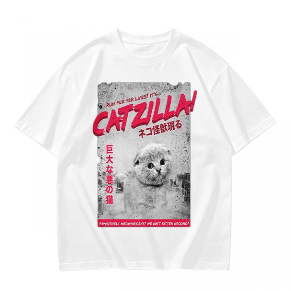 Olive green t-shirt with Catzilla giant cat monster graphic print