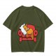 Olive green t-shirt with a sleeping orange cat on a red armchair print