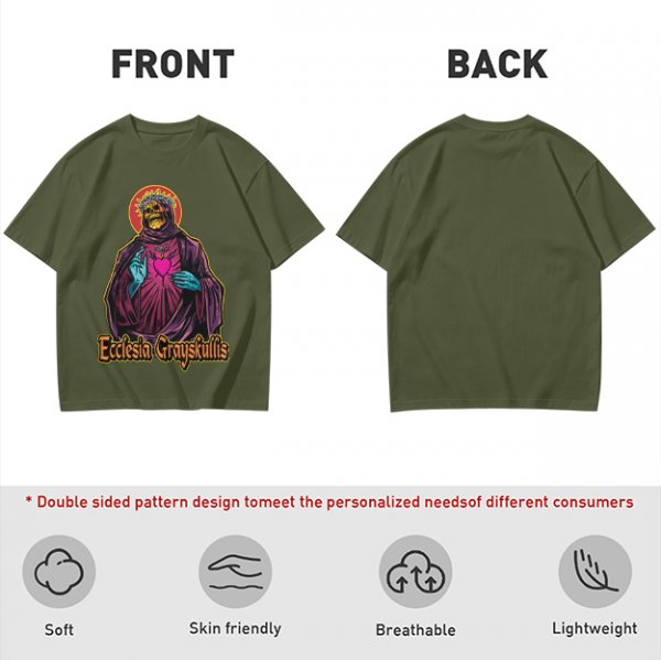 Olive t-shirt with skeleton religious graphic and Ecclesia Grayskullis text