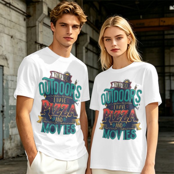 Olive Graphic T-Shirt With 'You Go Outdoors I Have Pizza And Movies' Print