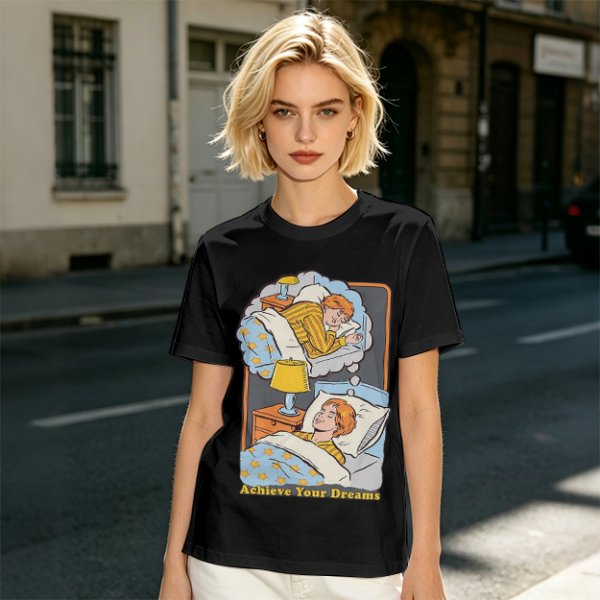 Olive graphic t-shirt with sleeping person and 'Achieve Your Dreams' text