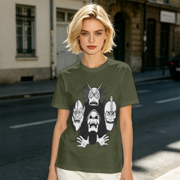 Olive T-shirt with Four Dark Fantasy Villain Heads Graphic Print
