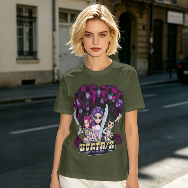 Olive Graphic Tee with Anime Hunter Characters and Huntr/X Text