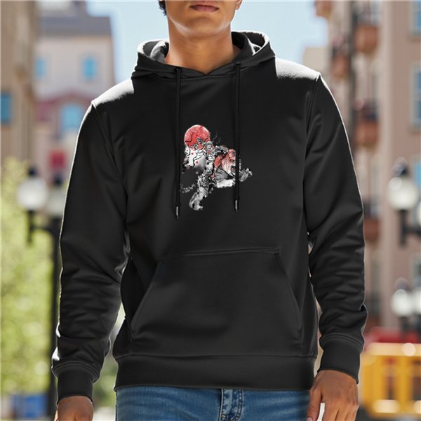 Black hoodie with stylized red and white beast graphic print