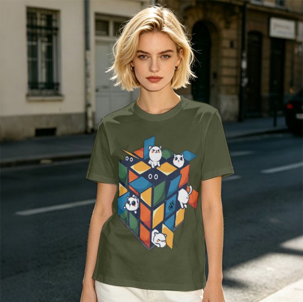 Olive T-Shirt With Cute Cats On A Rubik's Cube Graphic