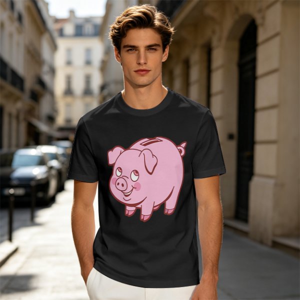 Olive Green T-Shirt With Cute Pink Piggy Bank Graphic Print