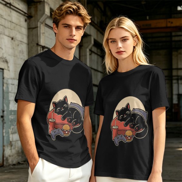 Olive T-Shirt with Relaxed Black Cat Gaming Snack Print