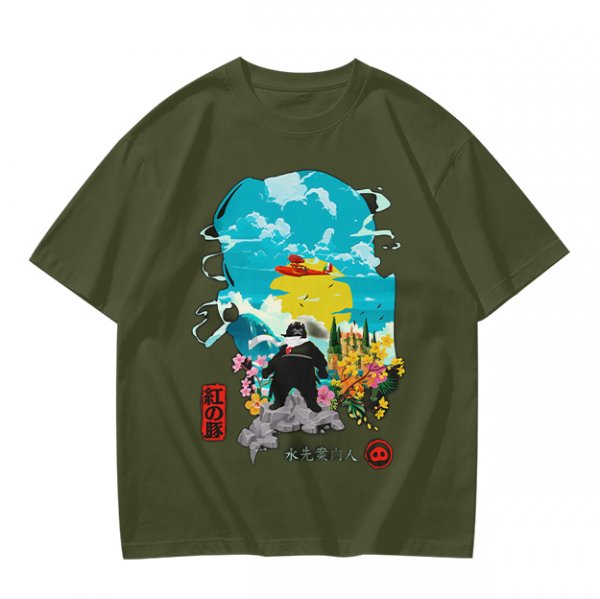 Olive T-shirt with anime pig pilot and seaplane graphic