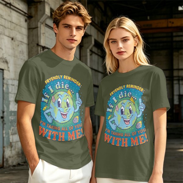 Olive t-shirt with cartoon earth 'friendly reminder' print