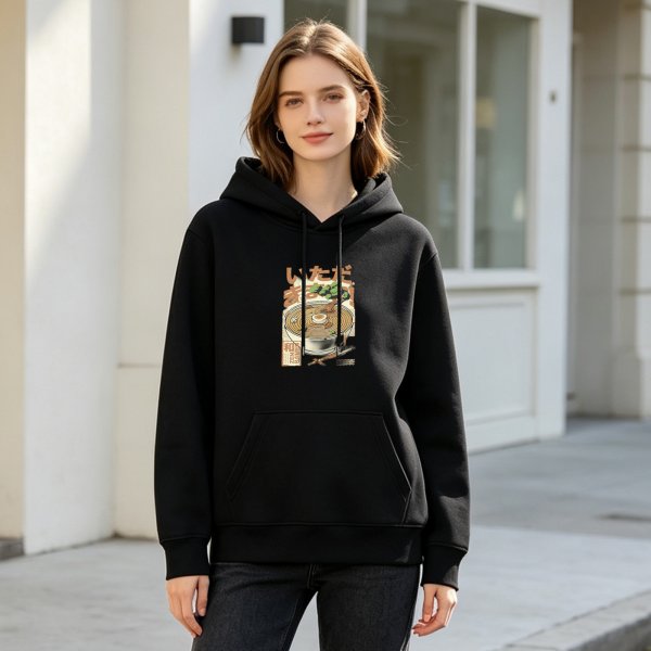 Black hoodie with Japanese ramen graphic print