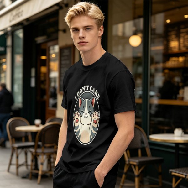 Olive T-shirt with I Don't Care Cat Graphic Print