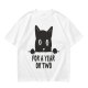 Olive graphic t-shirt with black cat holding 'for a year or two' text