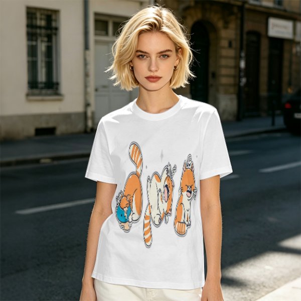 Olive T-Shirt With Playful Orange Cat Illustrations