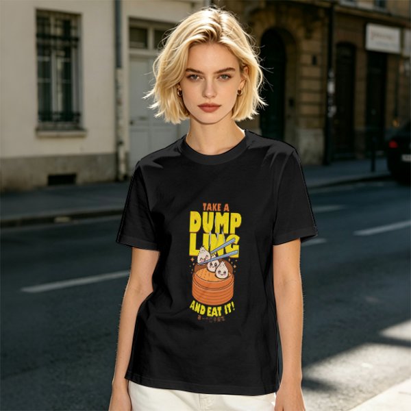 Olive green graphic t-shirt with dumpling pun and steamer illustration