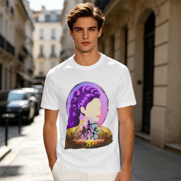 Olive T-Shirt With Purple Haired Woman And Concert Stage Print