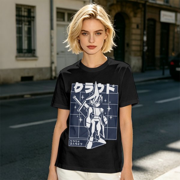 Olive t-shirt with stylized anime warrior graphic and Japanese text