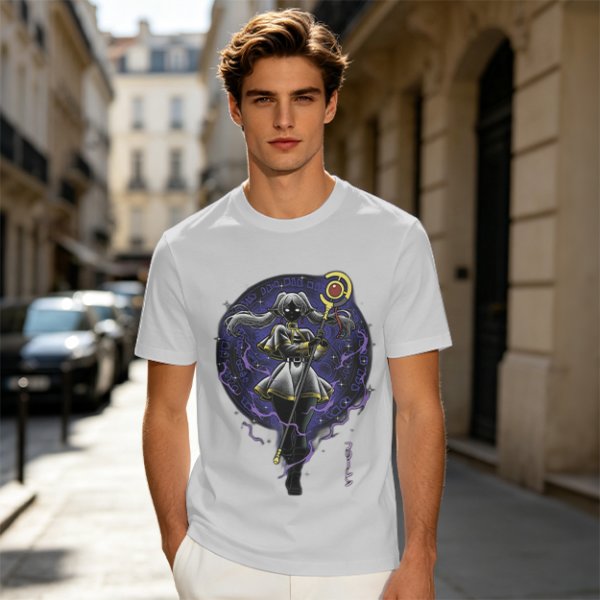 Olive T-shirt with dark anime elf mage holding staff and purple magic circle print