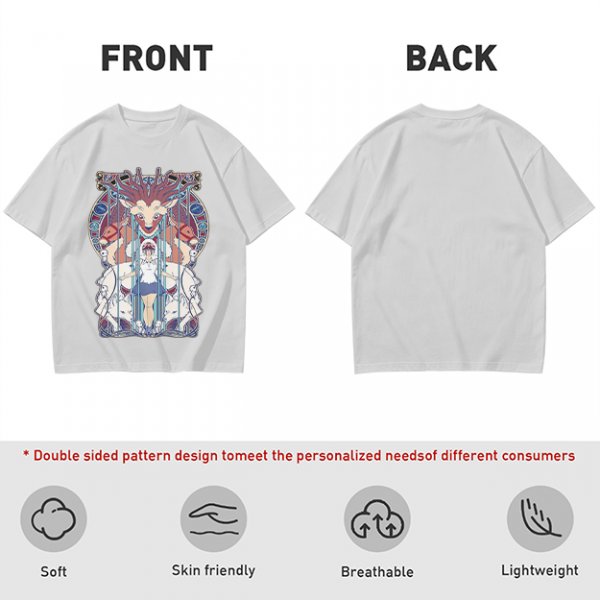 Olive green t-shirt with stained glass style forest spirit anime artwork