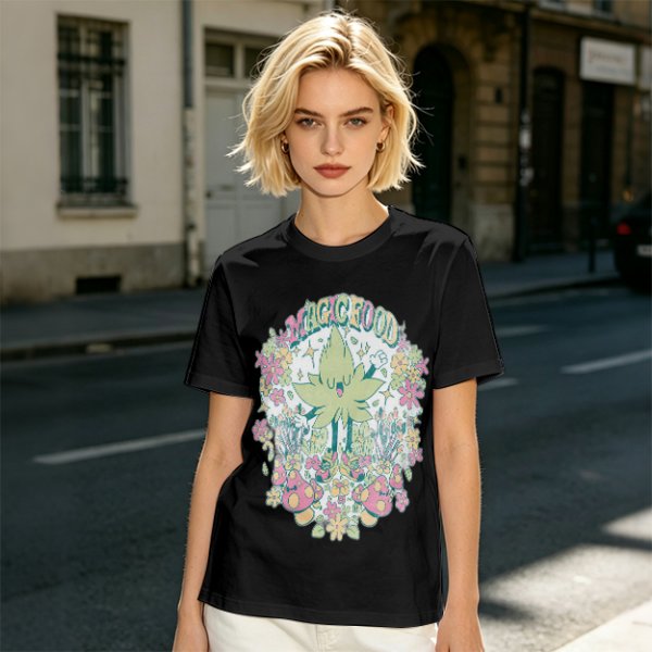 Olive Green Graphic T-Shirt With Whimsical Plant Creature And Floral Print