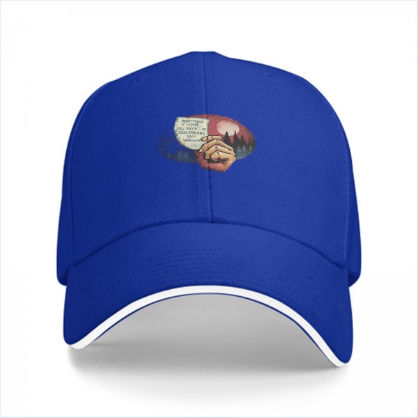 Black baseball cap with hand holding paper over red moon forest print