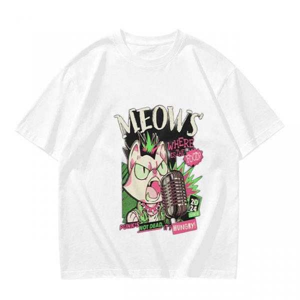 Olive T-Shirt with Punk Rock Cat Singing Microphone Graphic