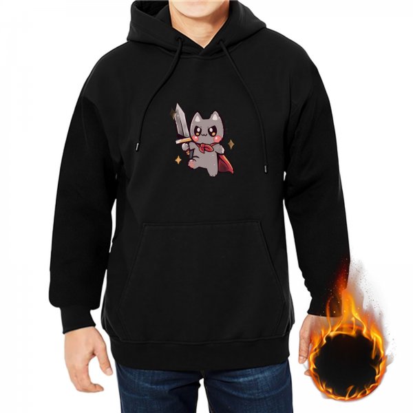 Black Hoodie With Cute Warrior Cat Graphic Print