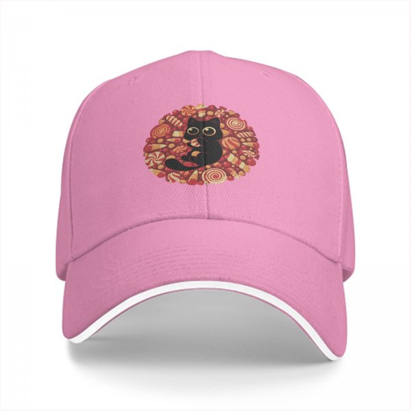 Black Baseball Cap with Cute Black Cat and Candy Print