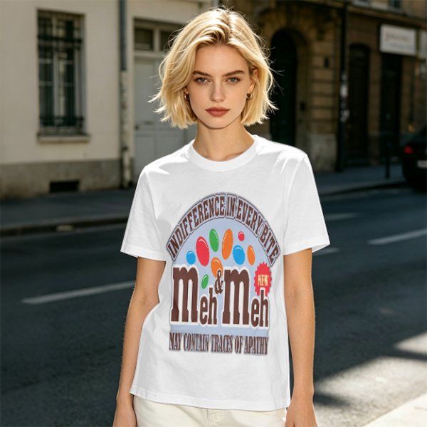 Meh and Meh novelty graphic t-shirt with indifference themed print