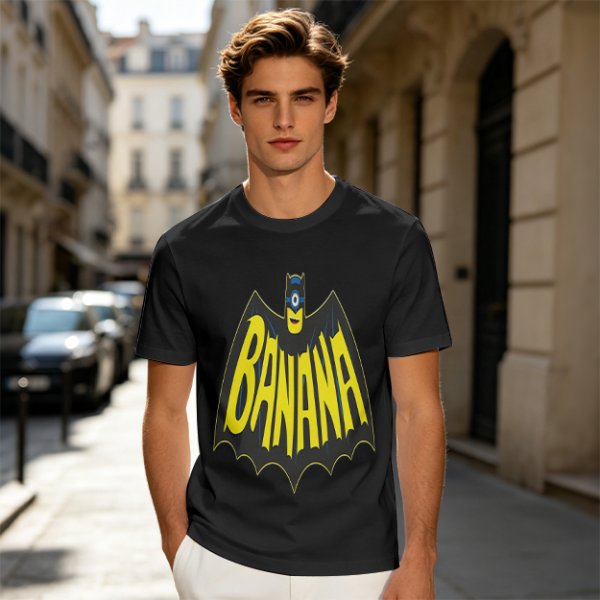 Olive green t-shirt with banana bat logo graphic