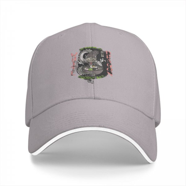 Black baseball cap with White Dragon Noodle Bar graphic design