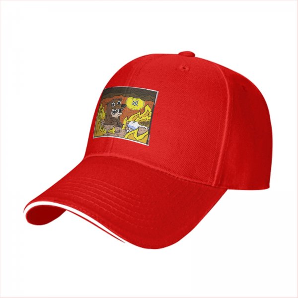 Black baseball cap with cartoon bear costume character in fiery cave print