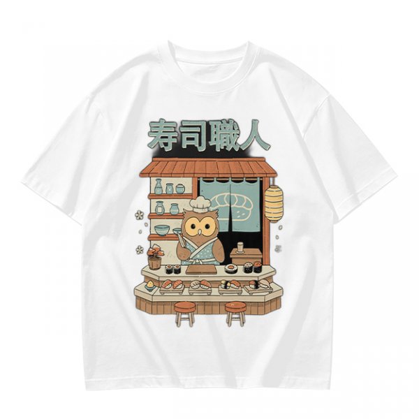 Owl sushi chef at Japanese sushi shop graphic t-shirt