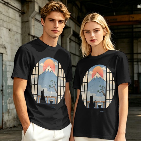 Olive T-shirt with Black Cat Viewing Mount Fuji Sunrise Art
