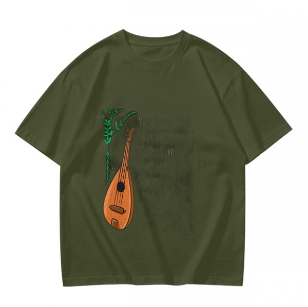 Olive Green T-Shirt with Lute and Botanical Graphic Print