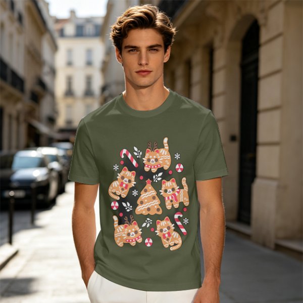Olive Green Christmas Cat Gingerbread Graphic T-Shirt