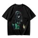 Olive T-shirt with cartoon dinosaur in Darth Vader helmet and chicken print